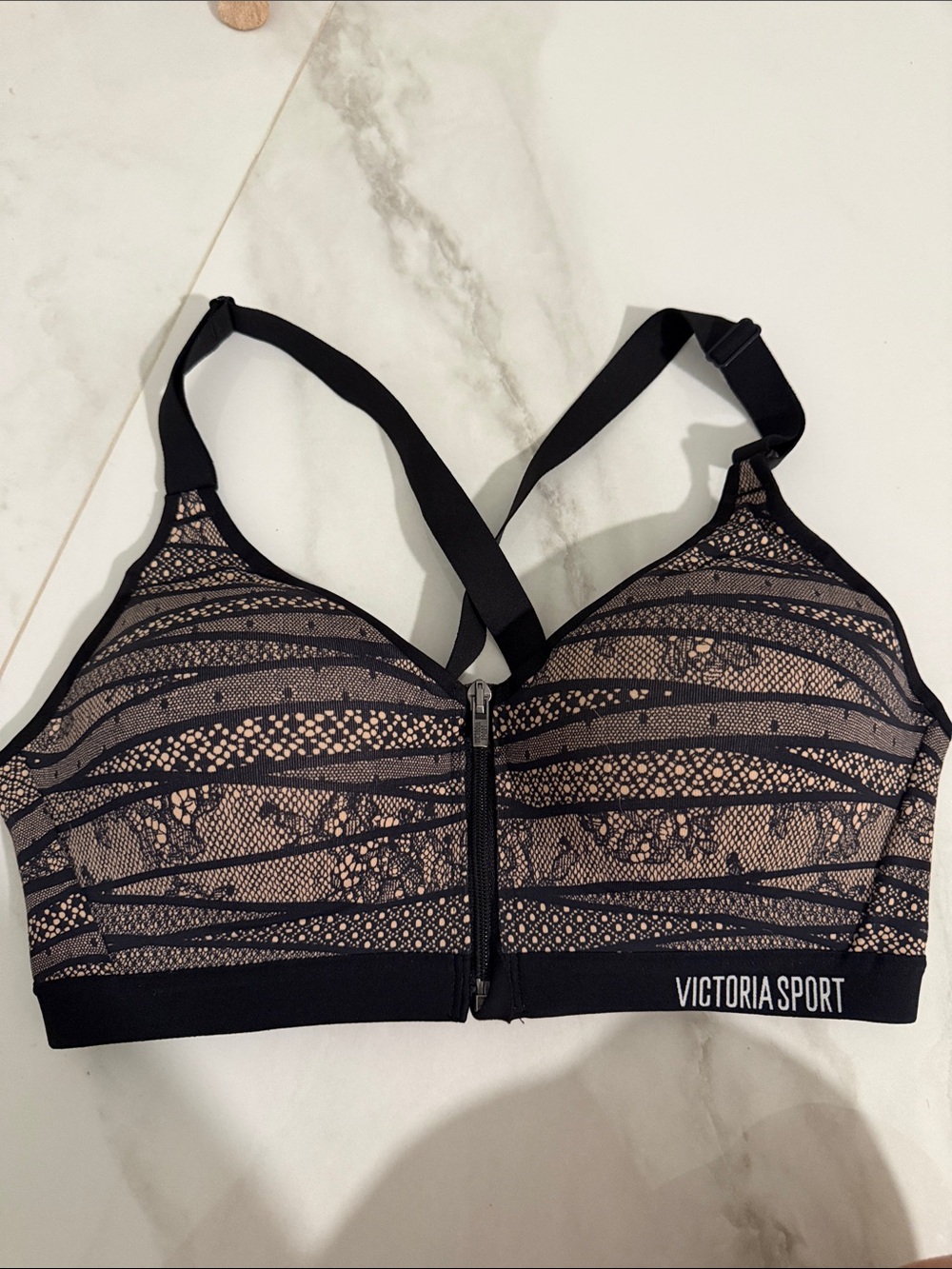 Victoria's Secret Black Lace-Pattern Front-Zip Sports Bra